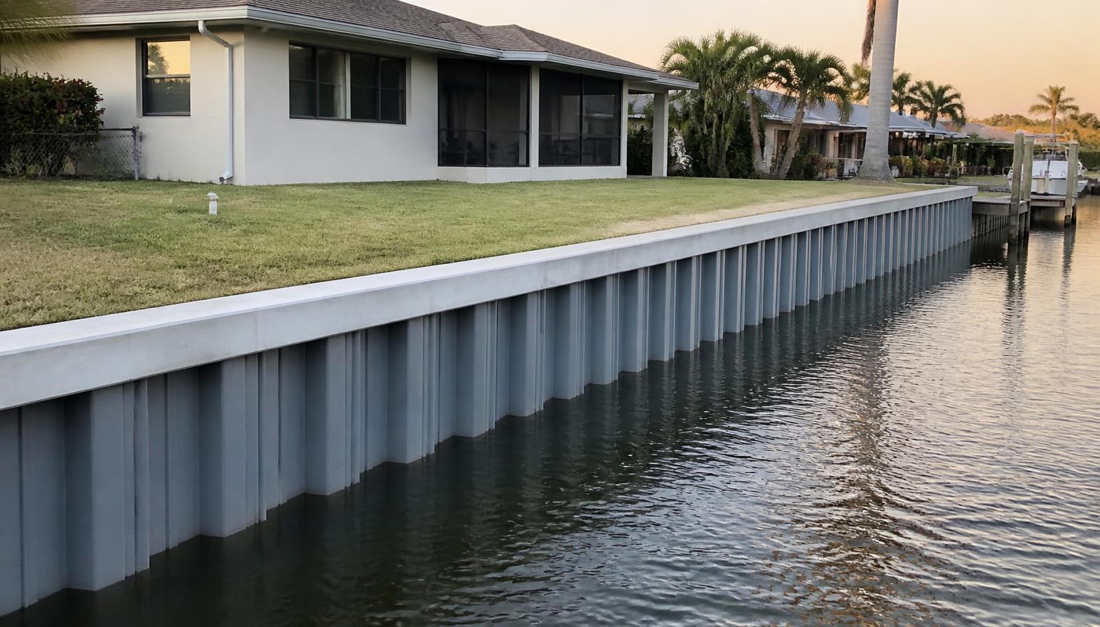 Newly installed vinyl sheet-pile seawall with a concrete cap along a residential canal